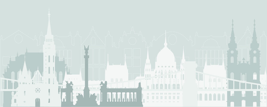 City Budapest landscape tourist view, with Parliament, chain bridge, Heroes' Square monument, basilica, church