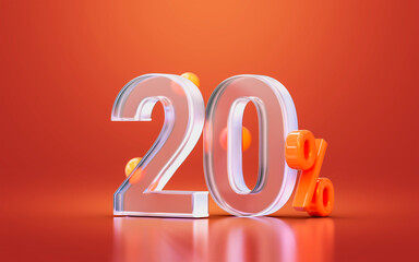 glass morphism realistic 20 percent number for online big sale offer discount, cash back 3d render