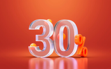 glass morphism realistic 30 percent number for online big sale offer discount, cash back 3d render - obrazy, fototapety, plakaty