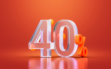 glass morphism realistic 40 percent number for online big sale offer discount, cash back 3d render
