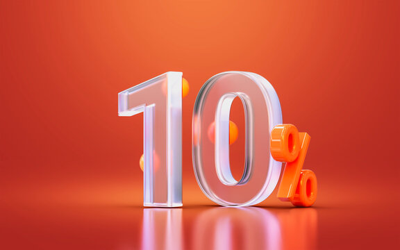 glass morphism realistic 10 percent number for online big sale offer discount, cash back 3d render