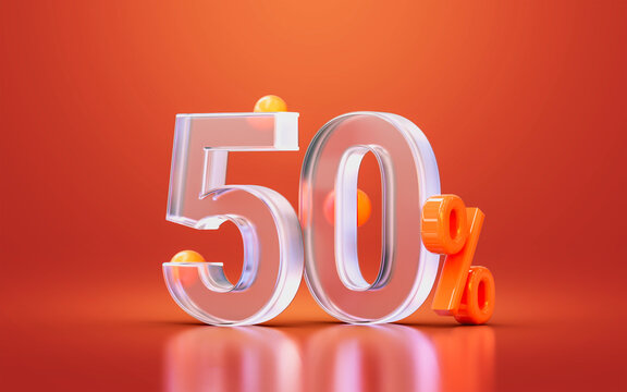 glass morphism realistic 50 percent number for online big sale offer discount, cash back 3d render