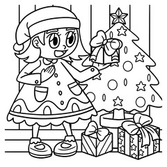 Girl Gift And Christmas Tree Coloring Page 