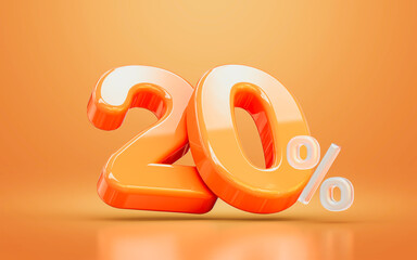 orange realistic glossy 20 percentage number symbol 3d render concept seasonal shopping discount - obrazy, fototapety, plakaty