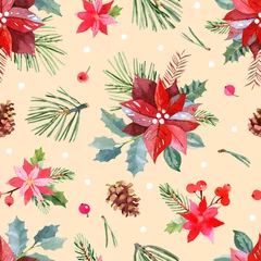 Tuinposter Christmas poinsettia flowers background. Winter floral seamless pattern © Elena
