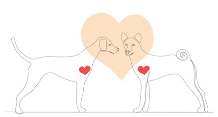 dogs friendship drawing by one continuous line, vector