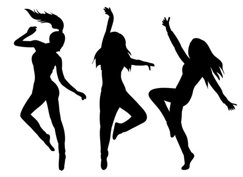 women dancing black silhouette, isolated, vector