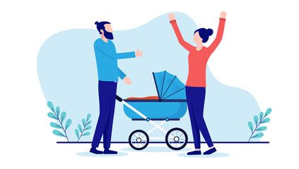 Fototapeta premium Happy couple having baby - Man and woman with baby pram celebrating becoming parents. Flat design vector illustration with white background