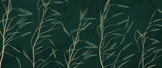 Fototapety  Luxury dark green art background with golden grass. Botanical abstract hand drawn banner for decoration design, wallpaper, interior design, print