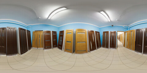Full spherical 360 degrees seamless panorama in interior wooden door store shop in equirectangular...