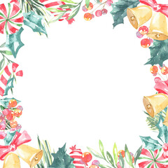 Watercolor Christmas frame with fir branches,holly berry and place for text.New year background, border,greenery, presents,jingle bells, nursery holiday decoration,greeting card, invite,print,poster