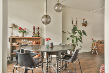 Modern minimalist style interior design of studio apartment with open white kitchen and dining zone...