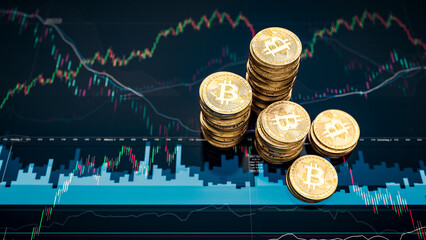3d Illustration of stack with shiny bitcoin coins and candle stick growth charts or graphs showing possibility an stock exchange market