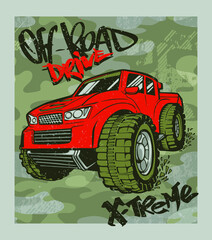 Off road truck on military background. Shabby textured Grunge big car illustration. Monster vehicle poster. auto and camouflage pattern wall © Kseniia Koval