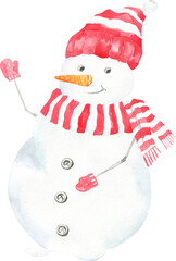 Watercolor Christmas Cute character illustration. Snowman in scarf Christmas tree, Merry Christmas, Happy New year, Noel, presents, Greeting card, invitataion, poster,postcard, holiday, printable 