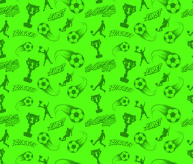Fototapeta na wymiar Football seamless pattern with Soccer ball, run football player, win cup . Abstract repeat sport print. endless ornament with graffiti words drawing in street art style.