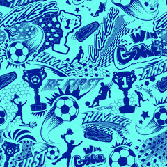 Abstract seamless pattern with soccer ball, footballer man silhouette, winner cup, hexagons grid, footballing boots, words drawing in street art style. Monochrome blue football repeat print.