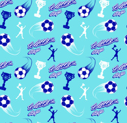 Blue monochrome Football seamless pattern. Abstract repeat sport print. Soccer ball, football player, win cup endless ornament with graffiti words drawing in street art style.