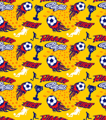 Acreage seamless football pattern with soccer ball, playing footballing man illustration, winner cup. Soccer's balls repeat print on yellow background.