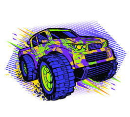 Off road truck illustration on linear background. Purple SUV poster. Colorful big car for boy t shirts © Kseniia Koval