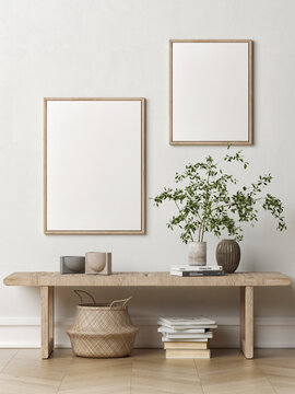 Mock up frames in home interior background, white room with natural wooden furniture, Scandi-Boho style, 3d render, 3d illustration