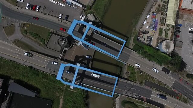 aerial view of  Stoneferry Bridge is actually two bascule bridges crossing the River Hull in Kingston upon Hull