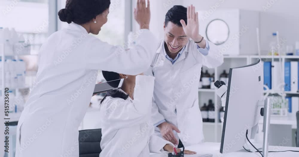 Poster Team of scientists celebrating with high five gesture after genetic breakthrough in monkeypox cure. Diverse group of pathologist and biochemical engineers using computer and microscope in laboratory