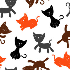 Seamless pattern with cute funny kittens. Children's print with animals. The cat is sleeping, meowing. Vector graphics.