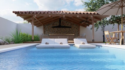 BBQ with fireplace, and pool beds