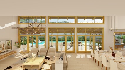 Interior view of a mansion overlooking the pool