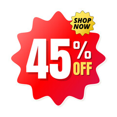 45% percent off(offer),  shop now, red and yellow 3D super discount sticker, sale. vector illustration, Forty five 