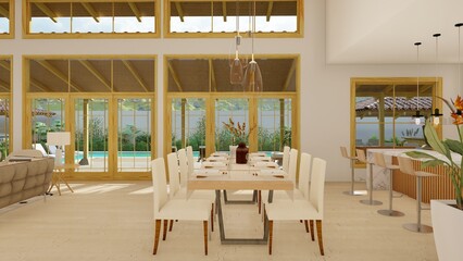 Art deco interior design, with lots of exterior lighting and swimming pool