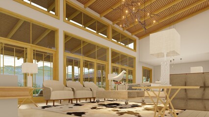 Warm, modern and comfortable interior with double height