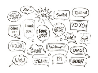 Vector set of hand drawn speech bubbles and dialog balloons in doodle comic style. Collection isolated with text. Illustration of cloud bubble blank retro speech for web, communication, sticker