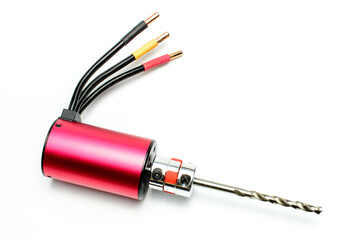 Electric micro drill for drilling of printed circuit boards (PCB). Small drilling machine. Three phase brushless red motor with cables. Selective focus. Isolated on white background.