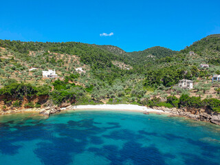 Aerial view over Megali Ammos or large sand beach in western Alonissos island, Greece