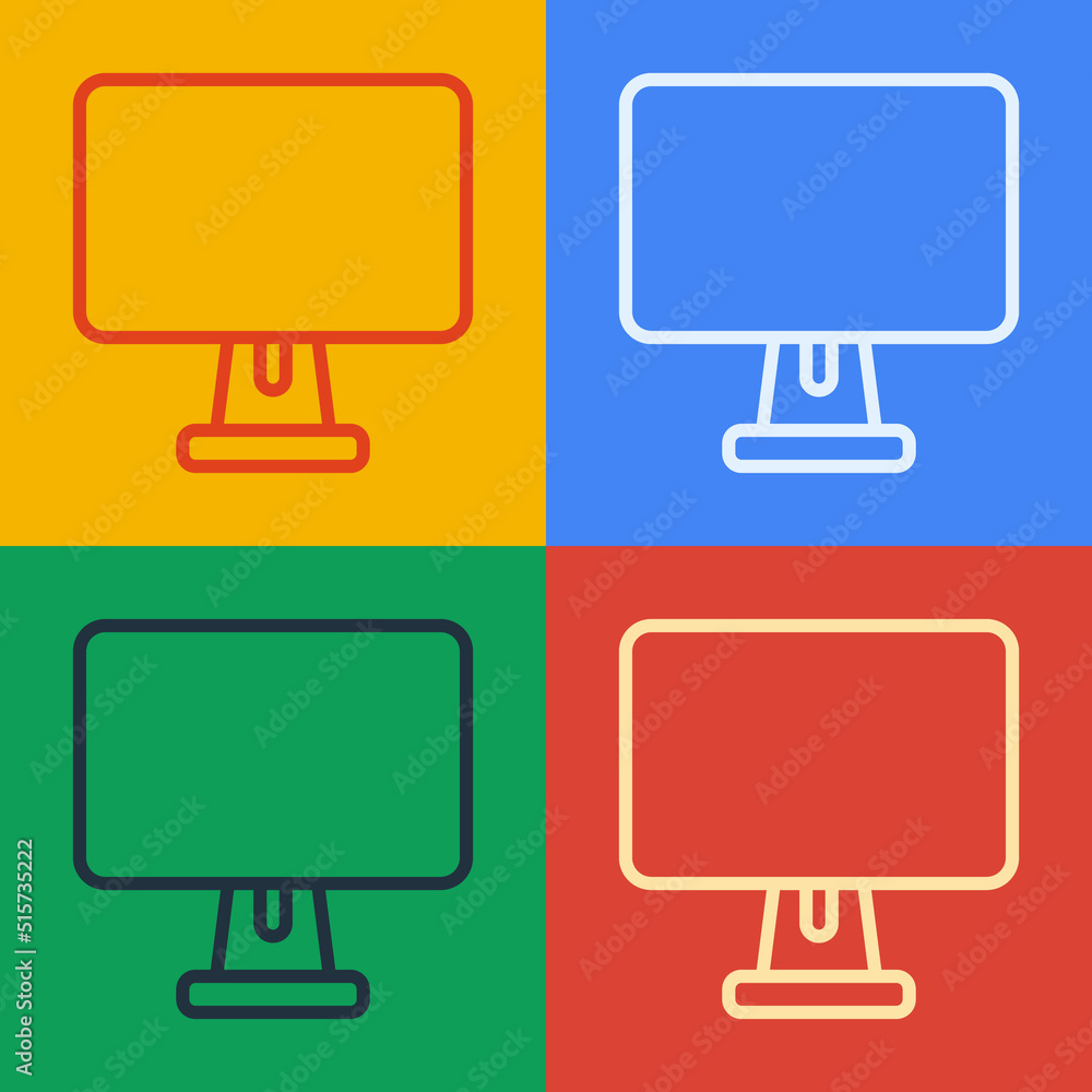 Poster pop art line computer monitor screen icon isolated on color background. electronic device. front vie