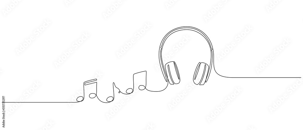Aufkleber continuous one line drawing of headphones speaker with music notes. headset gadget and earphones dev