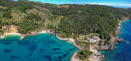 Aerial view over Megali Ammos or large sand beach in western Alonissos island, Greece