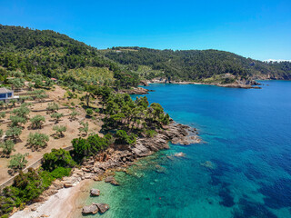 Aerial view over Megali Ammos or large sand beach in western Alonissos island, Greece