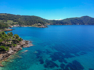 Fototapeta premium Aerial view over Megali Ammos or large sand beach in western Alonissos island, Greece