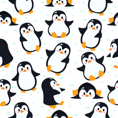 Obraz premium Cute penguins seamless pattern. Vector illustration in cartoon childish style.