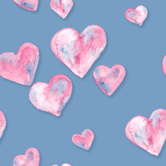 Pink hearts watercolor painting - seamless pattern on blue background