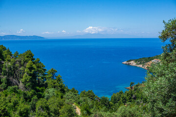 Fototapeta na wymiar Beautiful natural scenery on the road to Megali Ammos or large sand beach in western Alonissos island, Greece