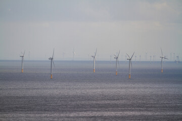 Distant farm of wind turbines.