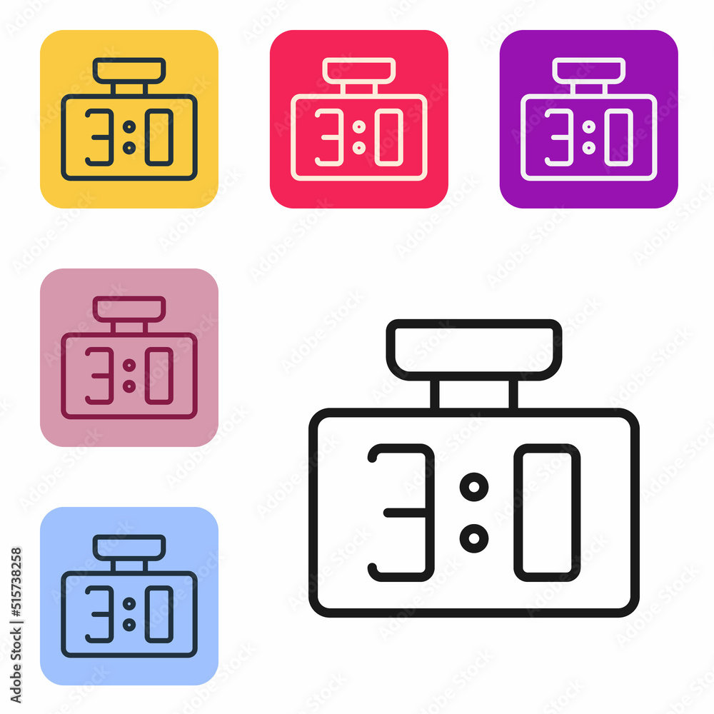 Poster black line sport mechanical scoreboard and result display icon isolated on white background. set ico