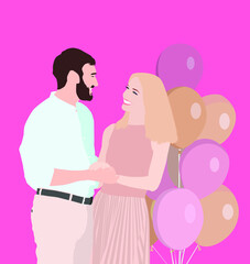 Couple with air balloons on pink background. Vector illustration