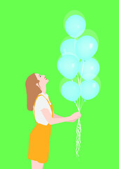 Woman with air balloons on green background. Vector illustration