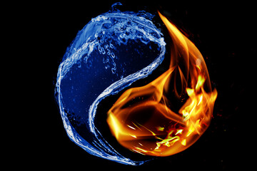 Fire flames and water splashes resembling Yin Yang symbol on black background. Feng Shui philosophy - obrazy, fototapety, plakaty