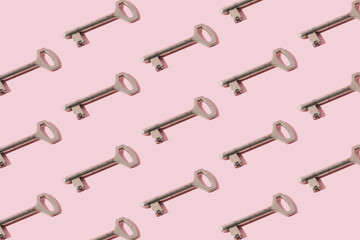 Metal key on a pink background. Pattern.